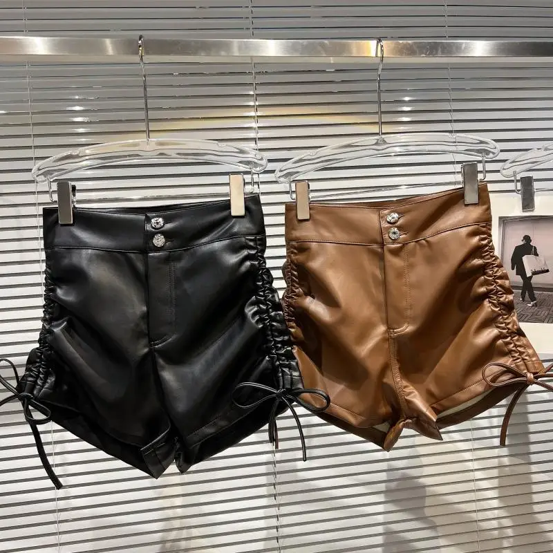 

2023 Spring Autumn New Arrivals Drawstring Bandage High Waist Slim Pu Leather Shorts Women