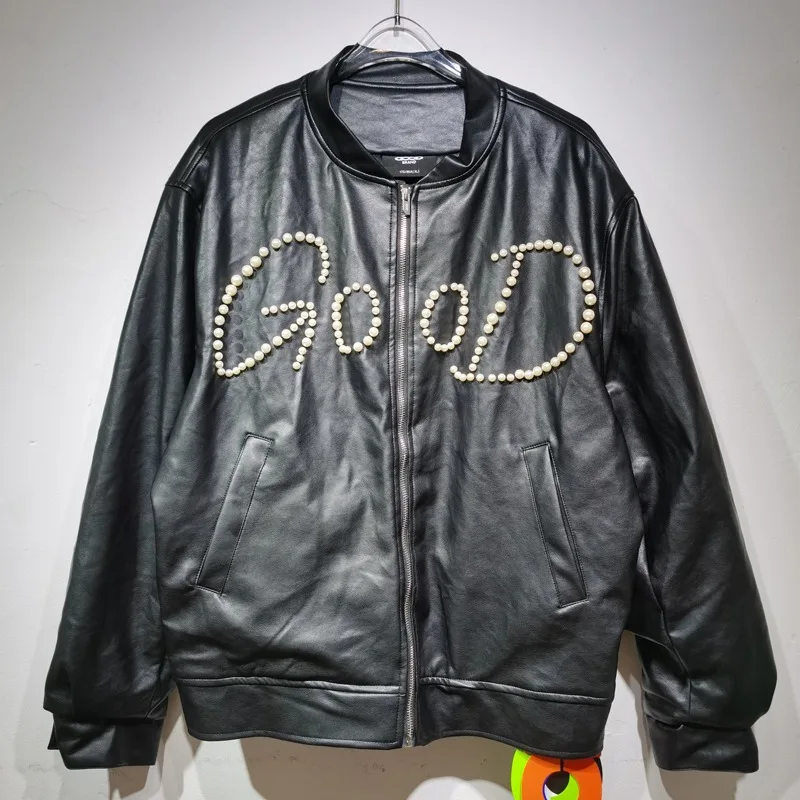 

New Autumn Winter GOOD Leather Jacket Cool Trend Pearl Logo Decoration Pu Leather Cotton Leather Jacket GOODBRAND Jacket Coat