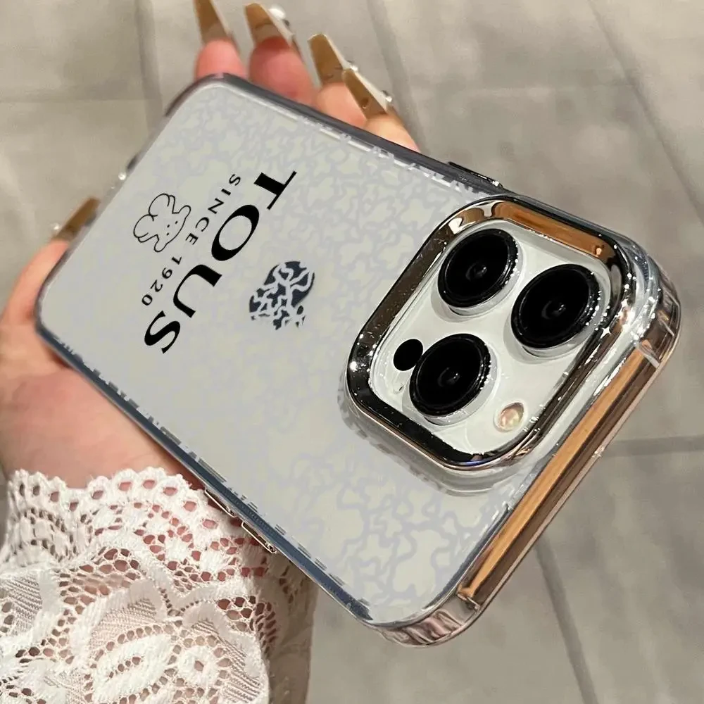 Luxury T-TOUS Teddy Bear Electroplated Lens Frame Clear Phone Case for iPhone 17 Air 16 15 14 13 12 11 Pro Max XS Max X Cover view 2