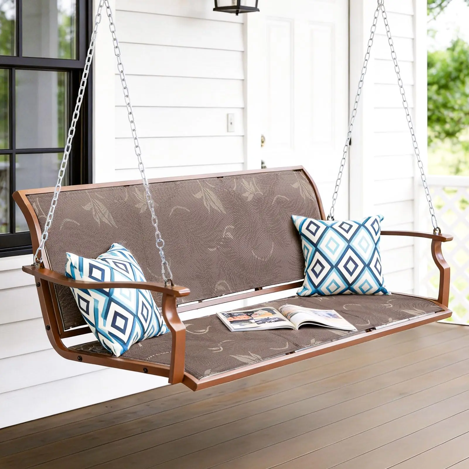 Heavy Duty Porch Swing Outdoor, 900LBS Capacity Textilene Hanging Bench Swing Chair with Extended Chains, 3-Seat Patio