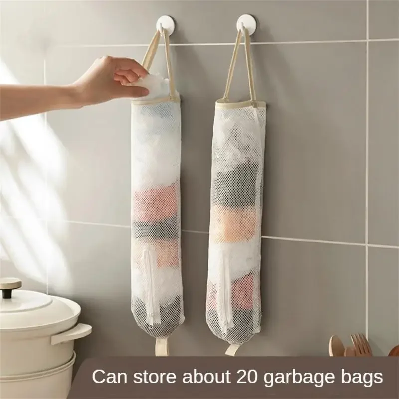 Beige Mesh Net Reusable Hanging Storage Bags Fruit Vegetable Garlic Onion Organizer Home Hollow Mesh Bag Kitchen Accessories