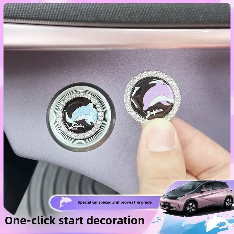 For BYD Dolphin Car One Key Start Metal Diamond Decorative Diamond Paste Button Ornament Car Interior Cartoon Animal Pattern
