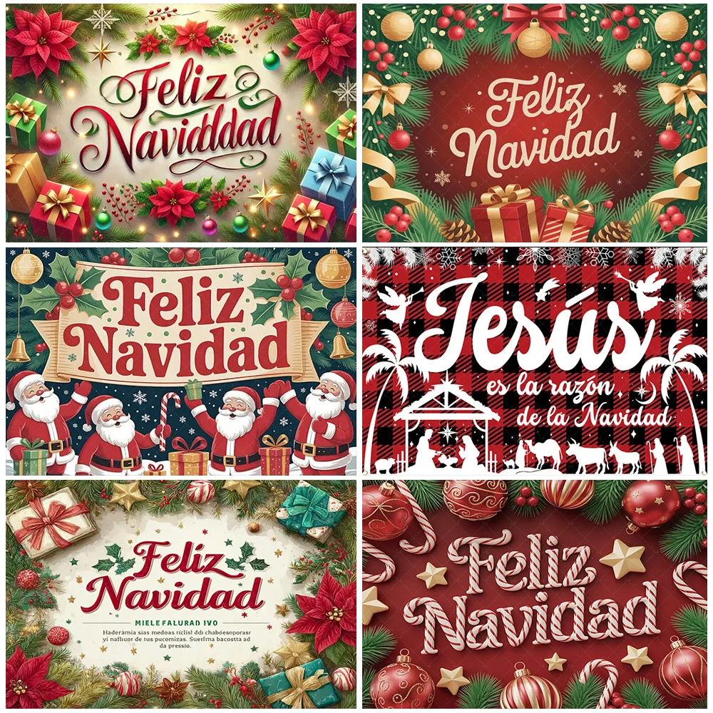 

Spanish Merry Christmas Theme Backdrop Xmas Party Decoration Santa Claus Candy Cane Background Supplies Photo Shoot Props Gifts