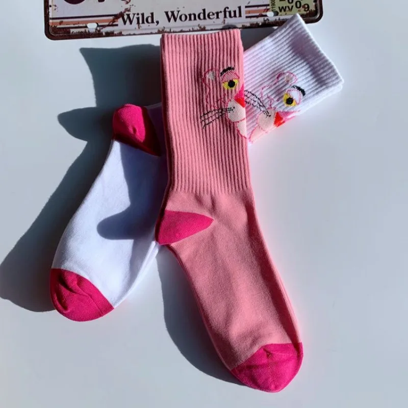 Panthère rose femmes coton chaussettes mignon respirant Harajuku chaussettes japonais coréen dessin animé broderie fille bas décontractés cadeaux