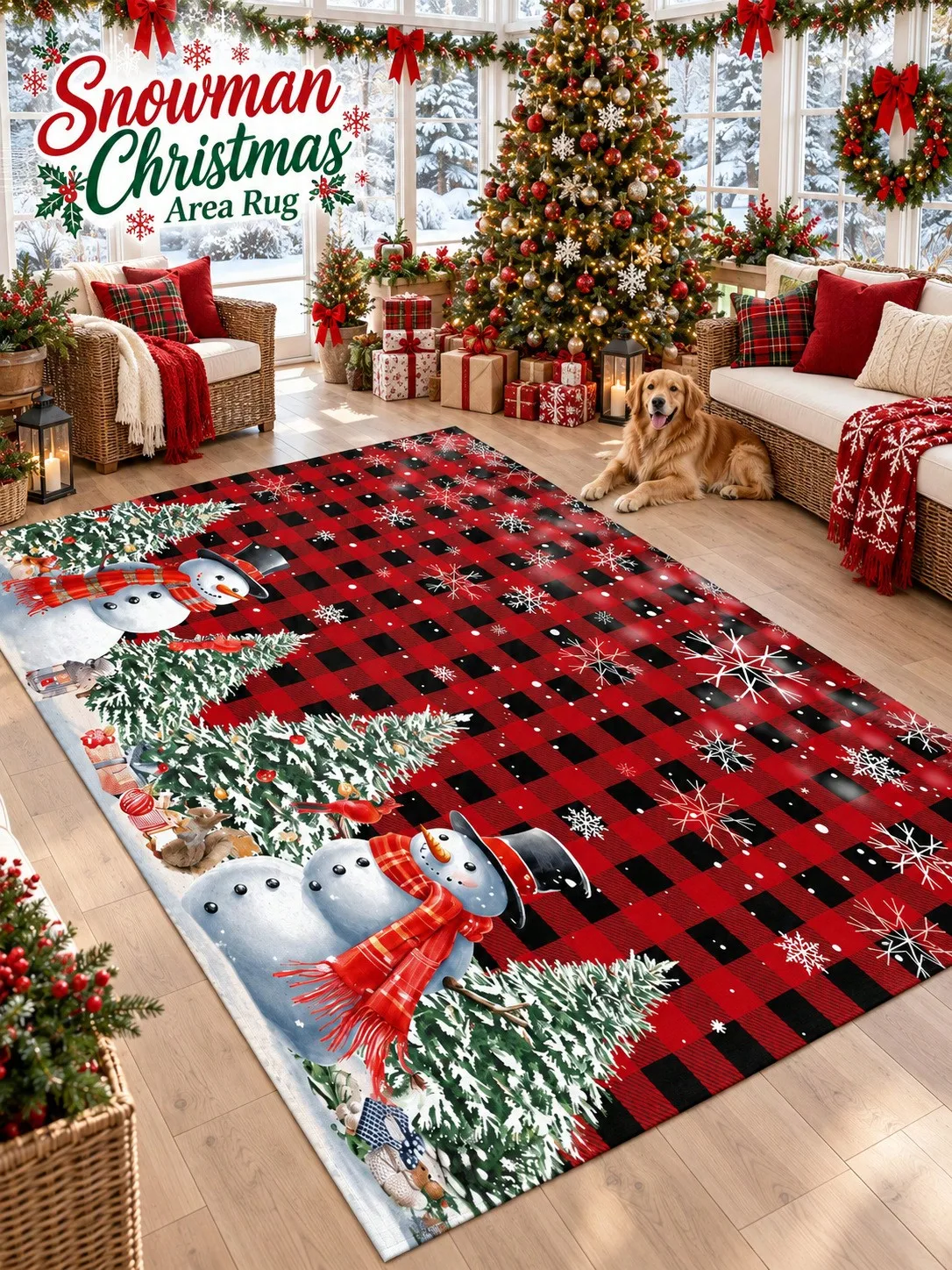 Christmas Rug Snowmen Trees Buffalo Check Living Room Bedroom Lounge Hallway Floor Carpet Gift for Mom Dad Sisters Friends Winter Thanksgiving Birthday Anniversary Housewarming Apartment Cottage Home Styling Sofa Side Reading Nook Holiday Gathering