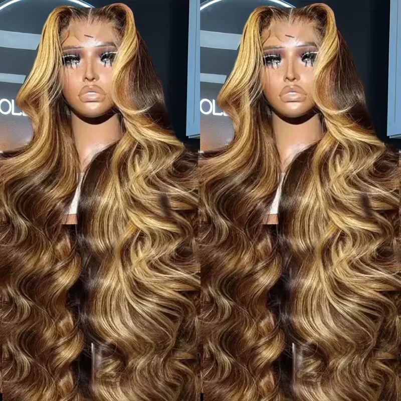 30 Inch Highlight Body Wave 13x6 HD Transparent Lace Frontal Wigs 250 Density Ombre Brown Colored 13x4 Lace Front Human Hair Wig