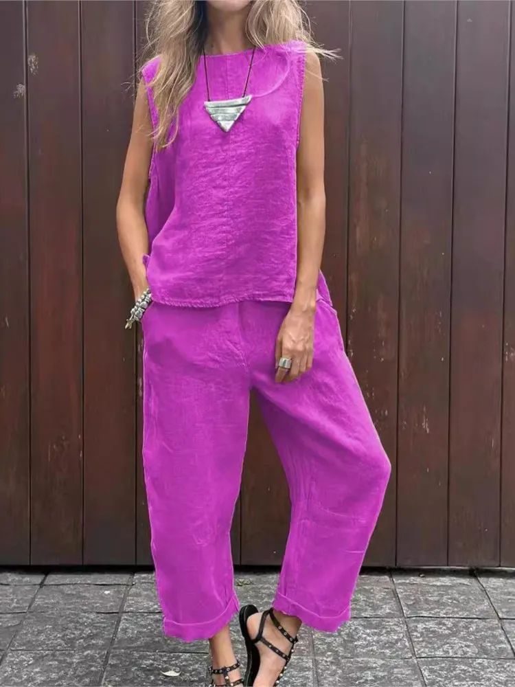 Conjunto de dos piezas para mujer, traje informal de algodón y lino, Top sin mangas, pantalones, Color liso, moda de verano