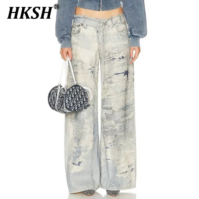 HKSH Women's Tide Streetwear Punk Style Straight Denim Pants Men Distressed Retro 3D Print Jeans Chic Fashion Niche Baggy HK2238