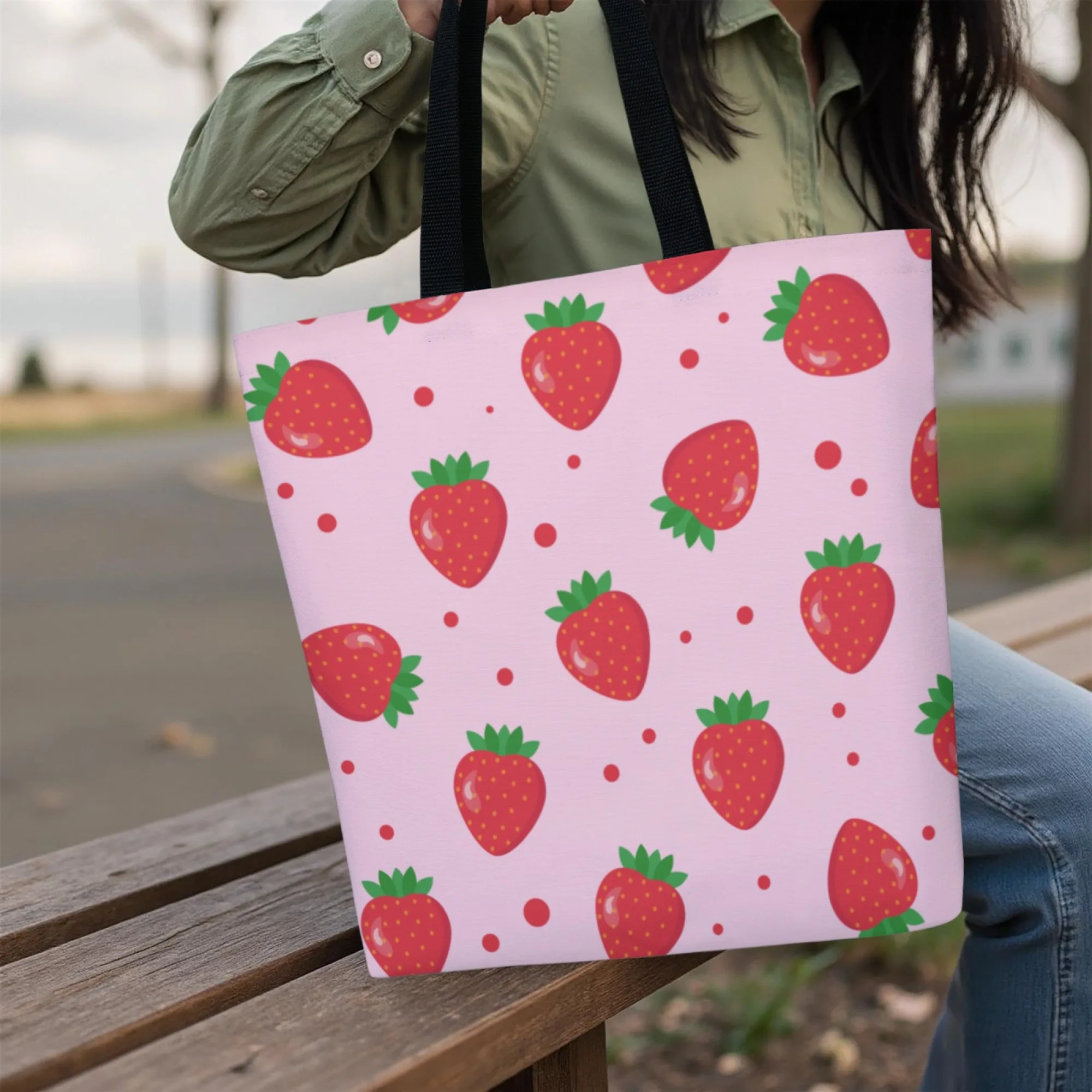 Pink Strawberry & Kawaii Aficionado Canvas Tote Bag Fruit-Themed Shoulder Bag for Women Ideal for Cute Style Fans & Sweet Looks