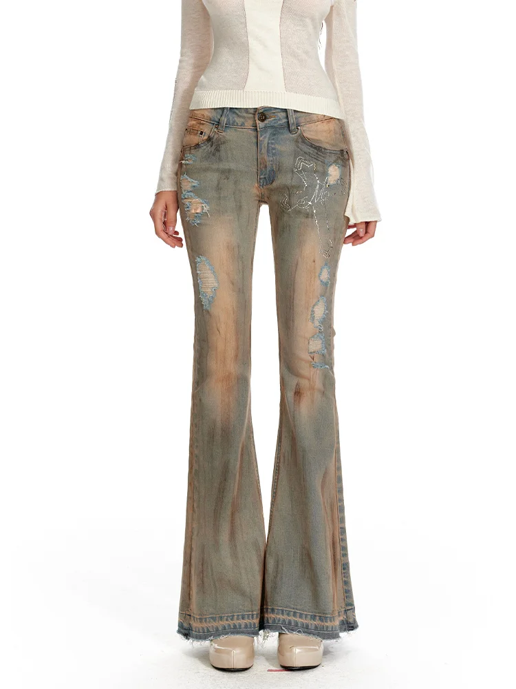 

Классические женские джинсы с эффектом потертости, зауженные, с микро-клешем, из эластичного хлопкового денима, с застежкой на пуговицах на талии