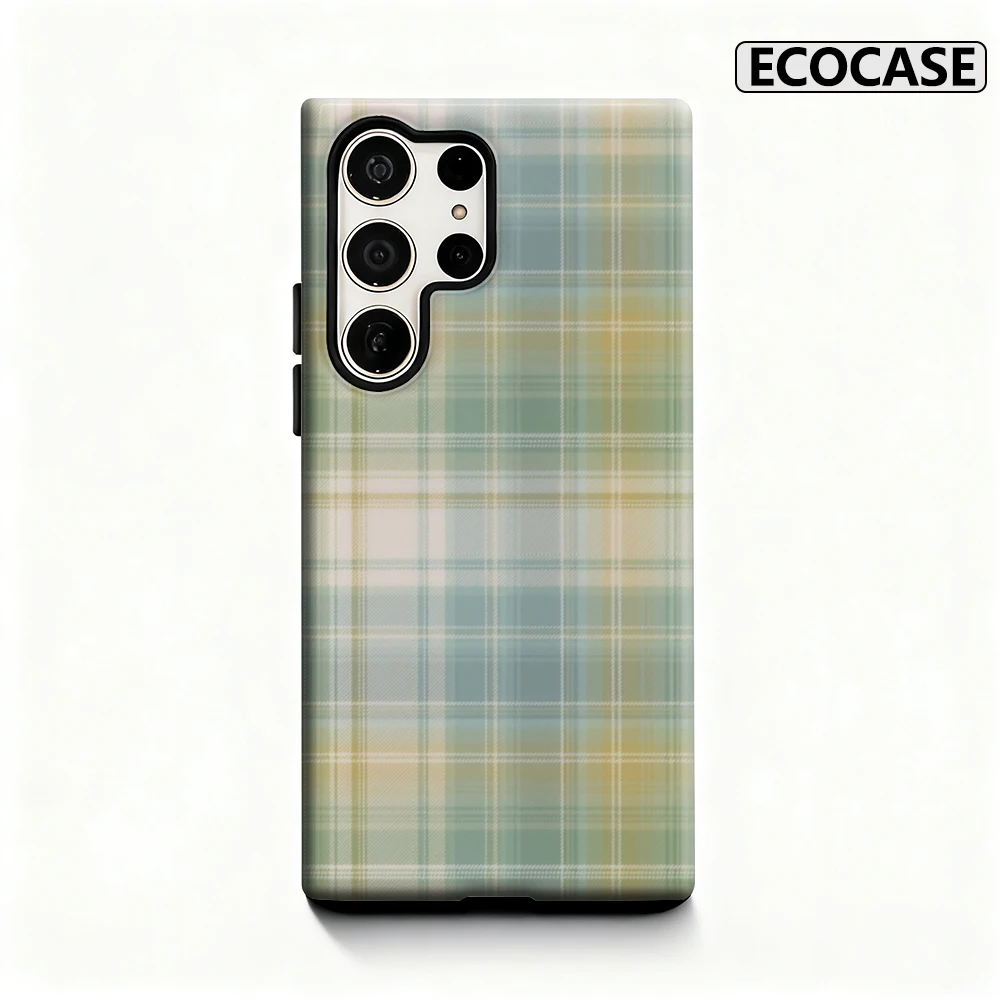 Green Pastel Plaid Pattern Phone Case for Samsung Galaxy S25 Ultra S24 S23 Ultra Plus Glossy Double-layer Back Cover