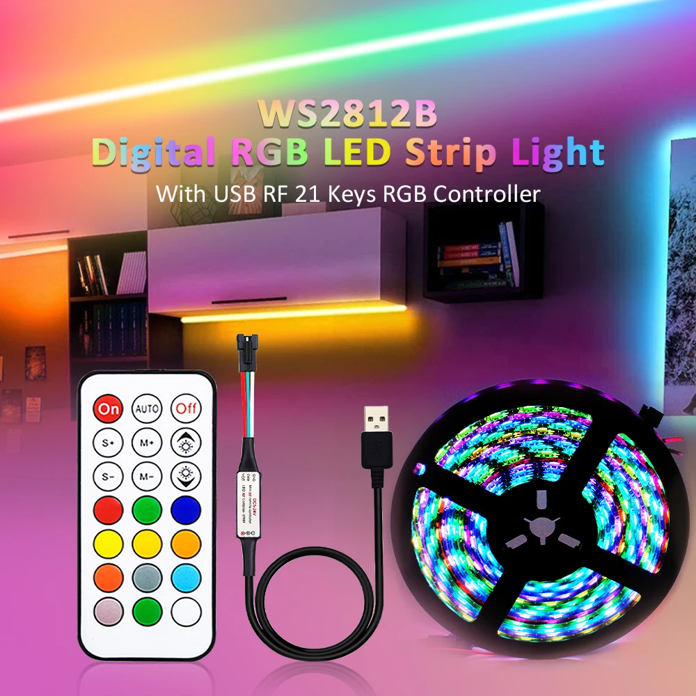 WS2812B RGB USB LED Strip 5050 DC 5V Waterproof Addressable IC Chip Light Digital Flexible Lamp Tape 144LEDs Pixels Colorful