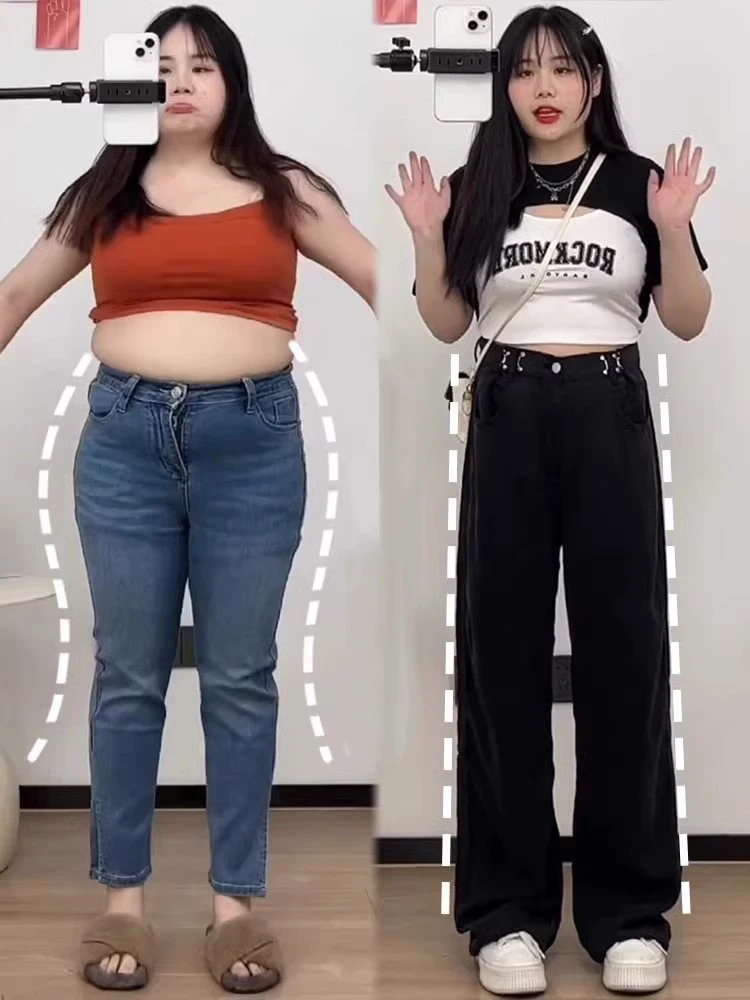 

Широкие джинсы с высокой талией, женские большие размеры, свободные утягивающие брюки длиной до пола, осенняя мода, дизайн больших размеров