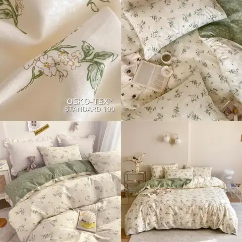 Kingsize beddengoedset met groene bloemen - 3-delig katoenen botanisch tuindeekbed met kussenslopen