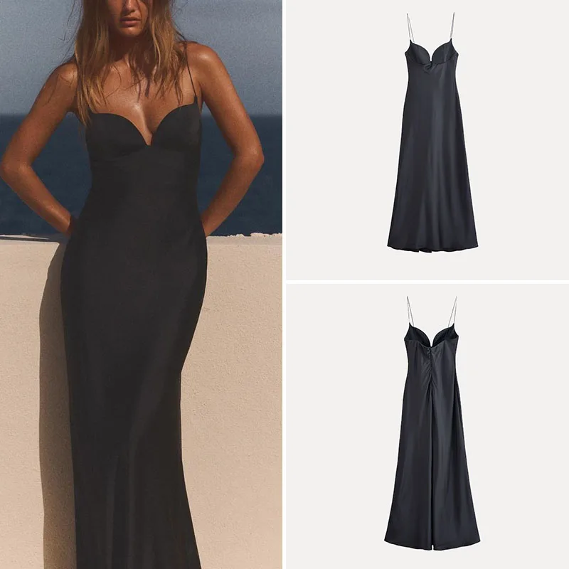 

Spring 2025 Women's Sle Vaion Feel Long Silk Satin Texture Dr Sexy Polyester Fiber Summer Dr Ladies' Gown