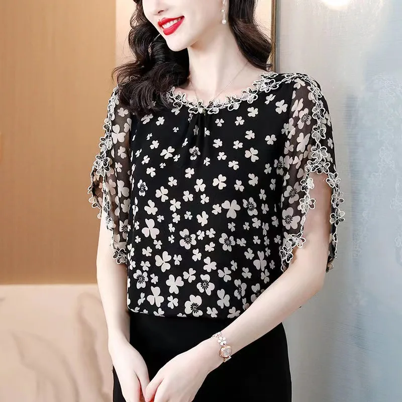 2024 Korean Fashion Summer Women's Round Neck Printing Bow Bright Line Decoration Elegant Short Sleeve Loose Chiffon Shirt Tops