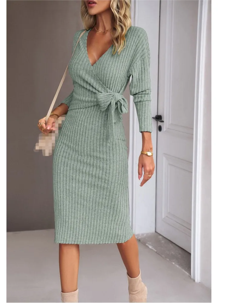 

2024 Autumn Winter Women's New Solid Color Elegant Sexy V-neck Long Sleeve Knitted Fashion Strap Seven Sleeve Dress