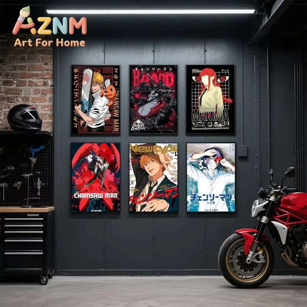 AZNM Chainsaw Man Anime Retro Canvas Wall Art Frameless Print Poster for Home Bedroom Living Room Wall Decor