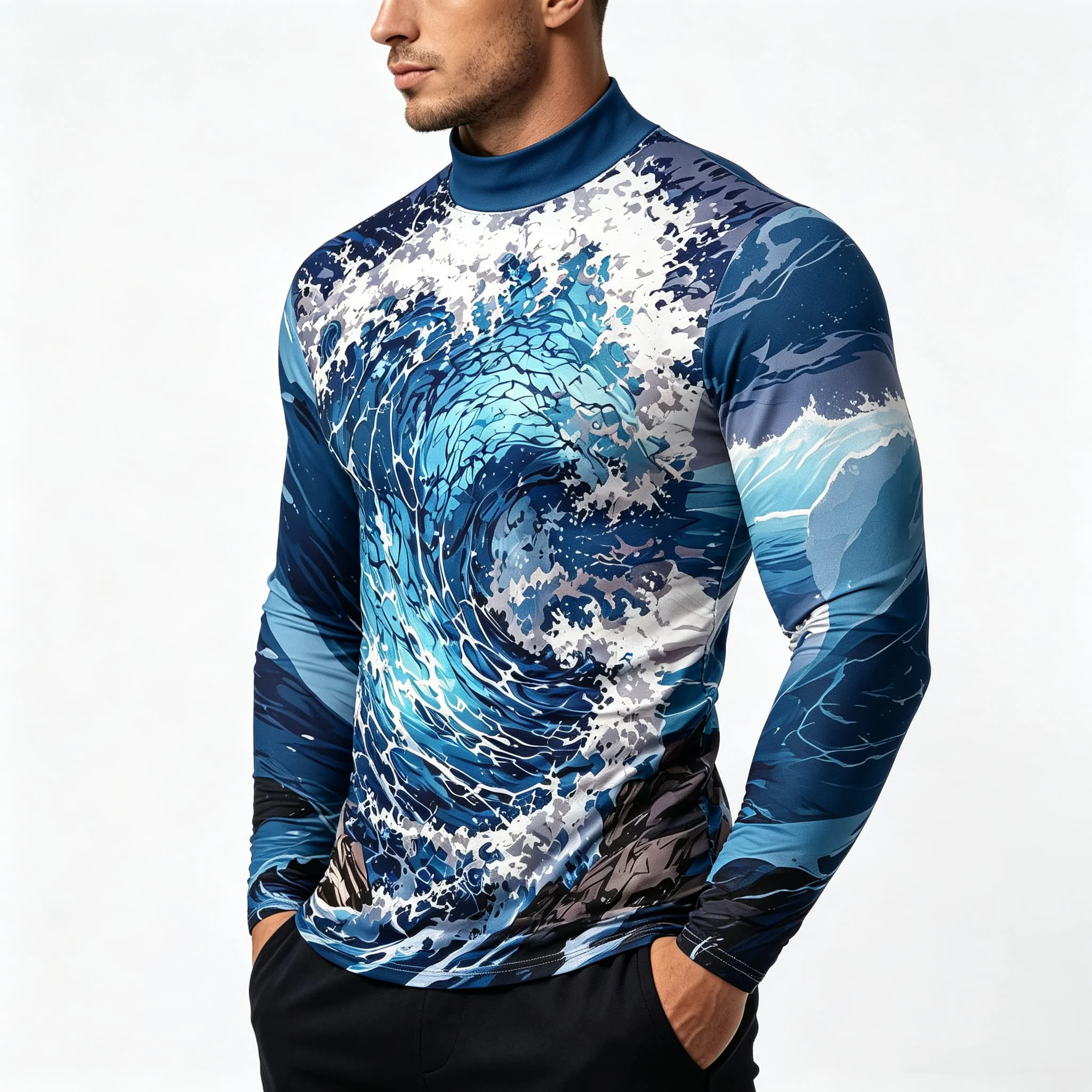 Vintage Ocean Surf Wave Print Men Mock Neck Long Sleeve Tee Nature Landscape Graphic Top For Daily Casual Wear