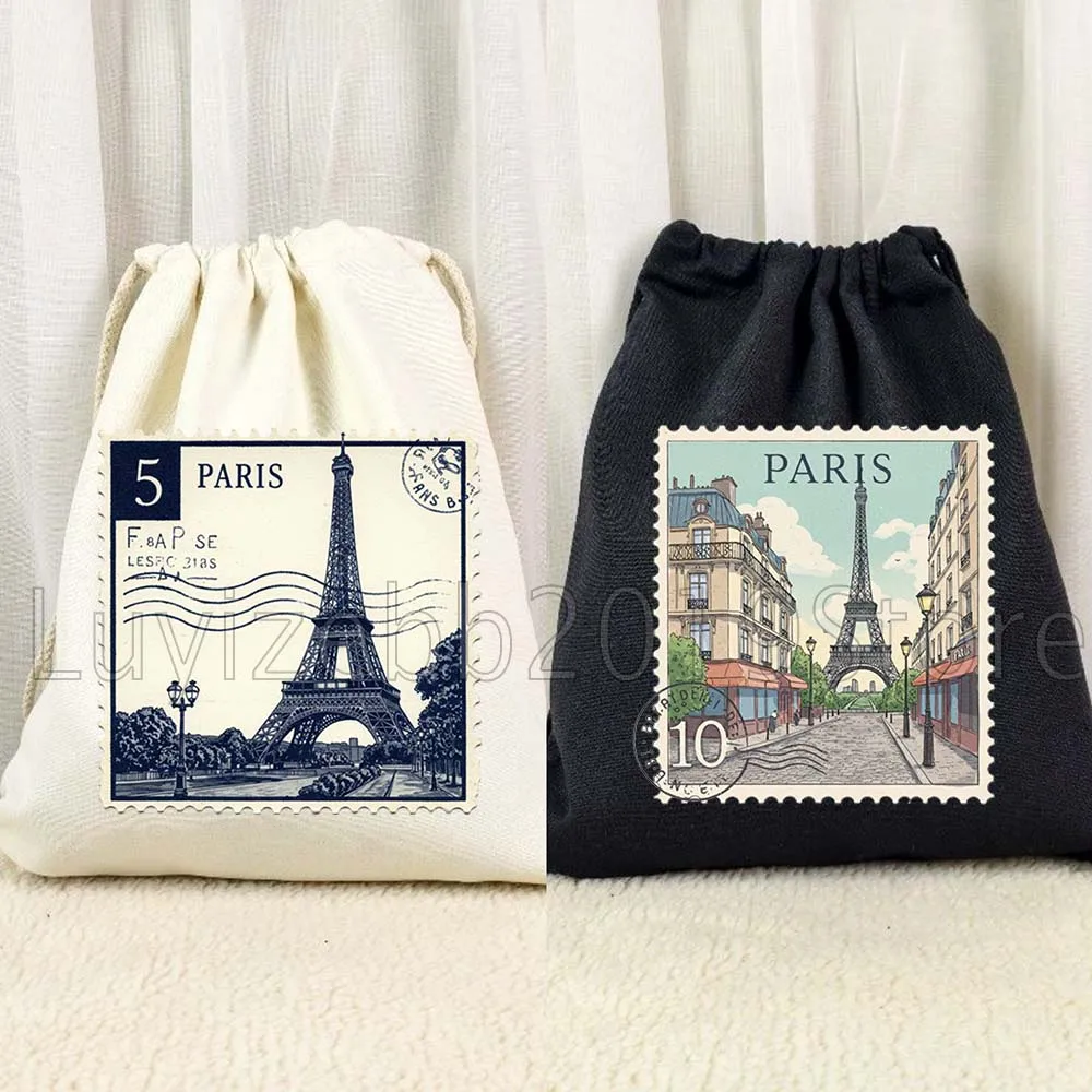 Vintage Paris France Postage Stamp Retro Cityscape Post Stamps Gifts Canvas Drawstring Bags Soccer Backpack Sackpack String Bag