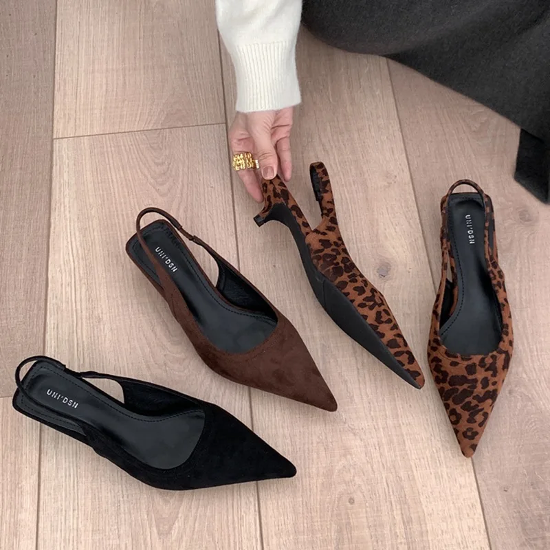 Women Low Heel Sandals Shoes Elegant Kitten Heel Mule Pointed Female Office Slingback Sandals Leopard Print Pumps Zapatos  Mujer