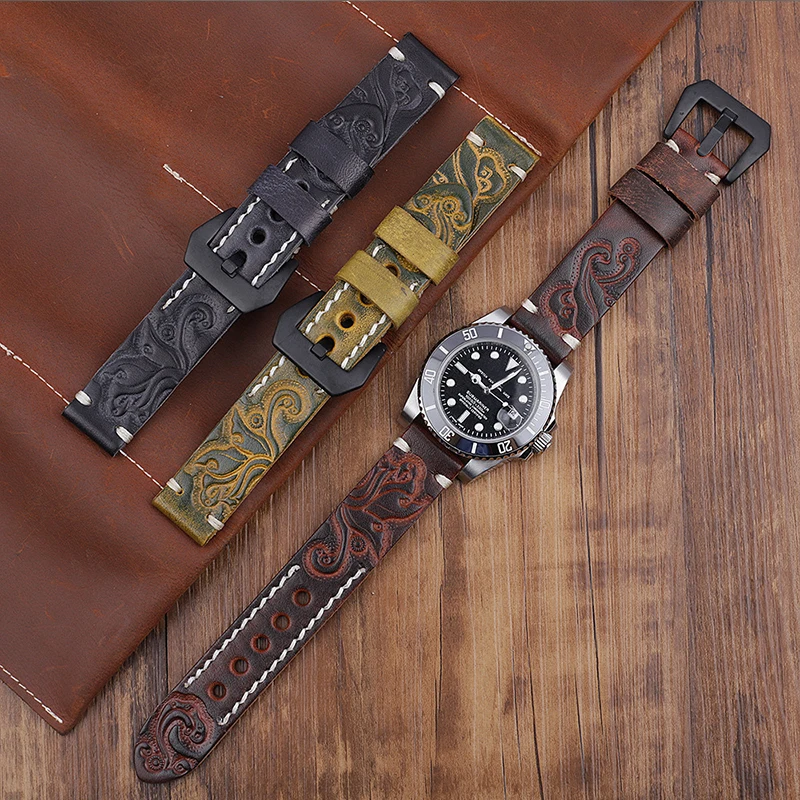 Handmade Leather Watchbands Carved Watch Strap Band for Panerai Belt Stainless Steel Buckle 20 22 24mm Embossed Straps