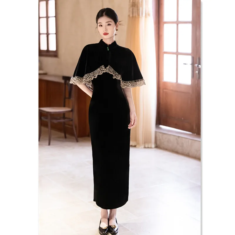 Yourqipao-Conjunto Cheongsam chal de terciopelo negro chino, vestido de noche Qipao mejorado, otoño 2025, nuevo estilo