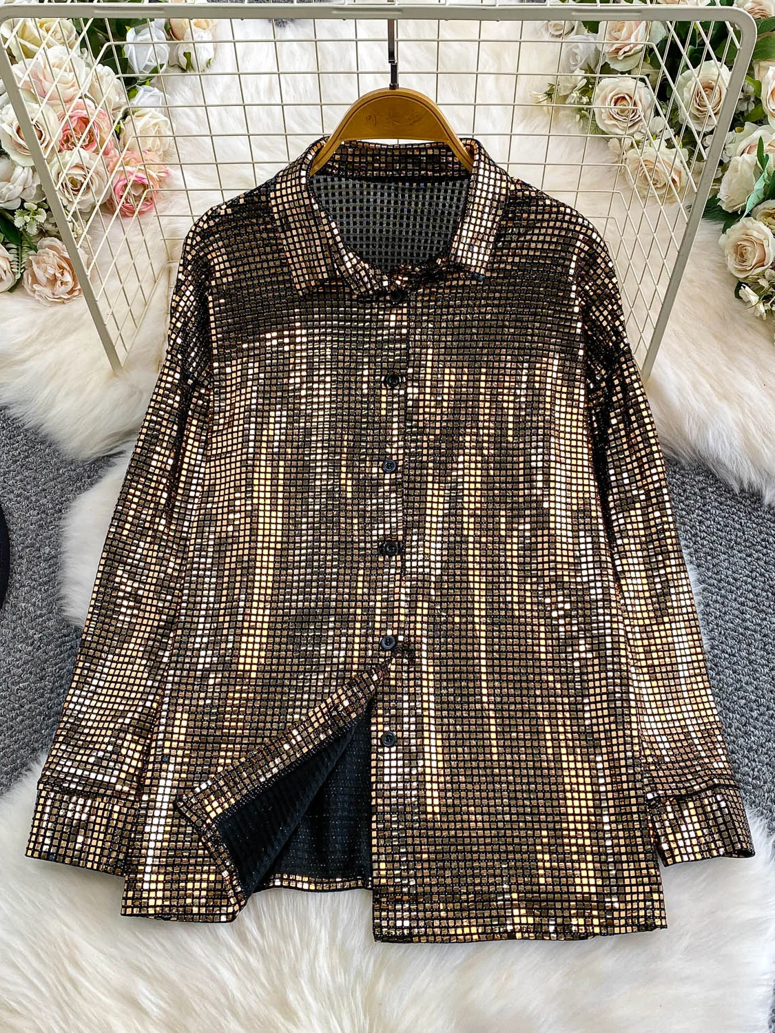 Ele الثقيلة المعادن الترتر الوقوف طوق irt المرأة فضفاضة التخسيس ملابس خارجية لأداء المرحلة الشتاء Faion السيدات #2