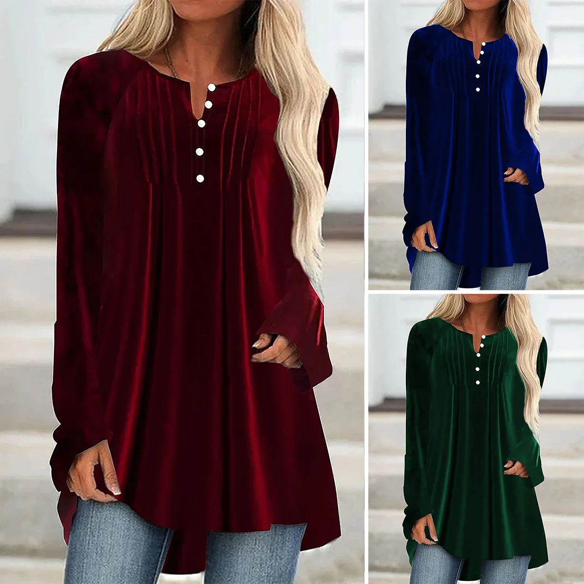 

Ladies Long Sleeve Shirts Blouses Top Spring Autumn Casual Female Women Velvet V-Neck Button T-Shirts Sweatshirt Pullover Tops