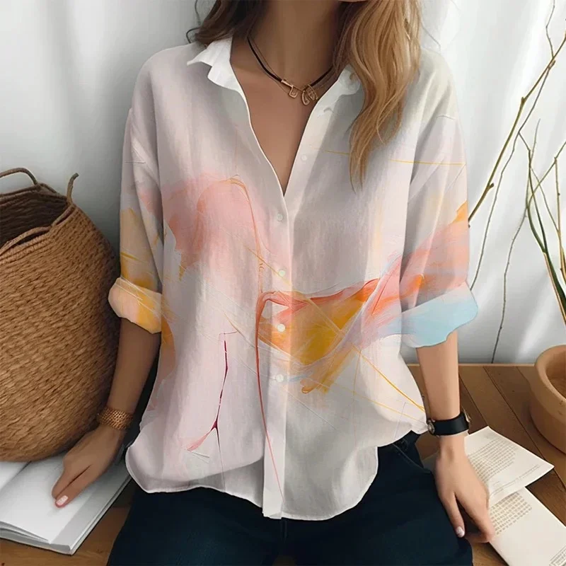 2024 New Business Women\'s Shirt Long Sleeve Solid Color Printed Collar Pocket Daily Beach Vacation Comfortable Top