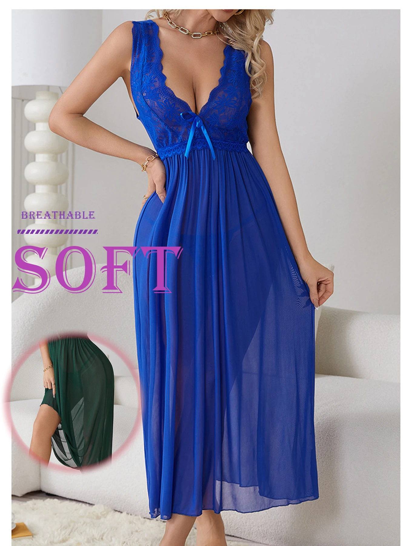 Conjunto de vestido de lencería Sexy para mujer, camisón largo con escote en V profundo y espalda descubierta, ropa de casa para todas las estaciones