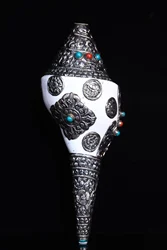 Decorative Handmade Nepal Tibetan Old silver A Tibet Buddhism silver Inlay gem Turquoise Shell Conch Horn Trumpet Statue