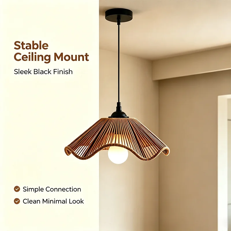 Rattan Woven Pendant Light Wavy Shade Bohemian Farmhouse Hanging Lamp for Kitchen Dining Room Bedroom Cafe Furnish