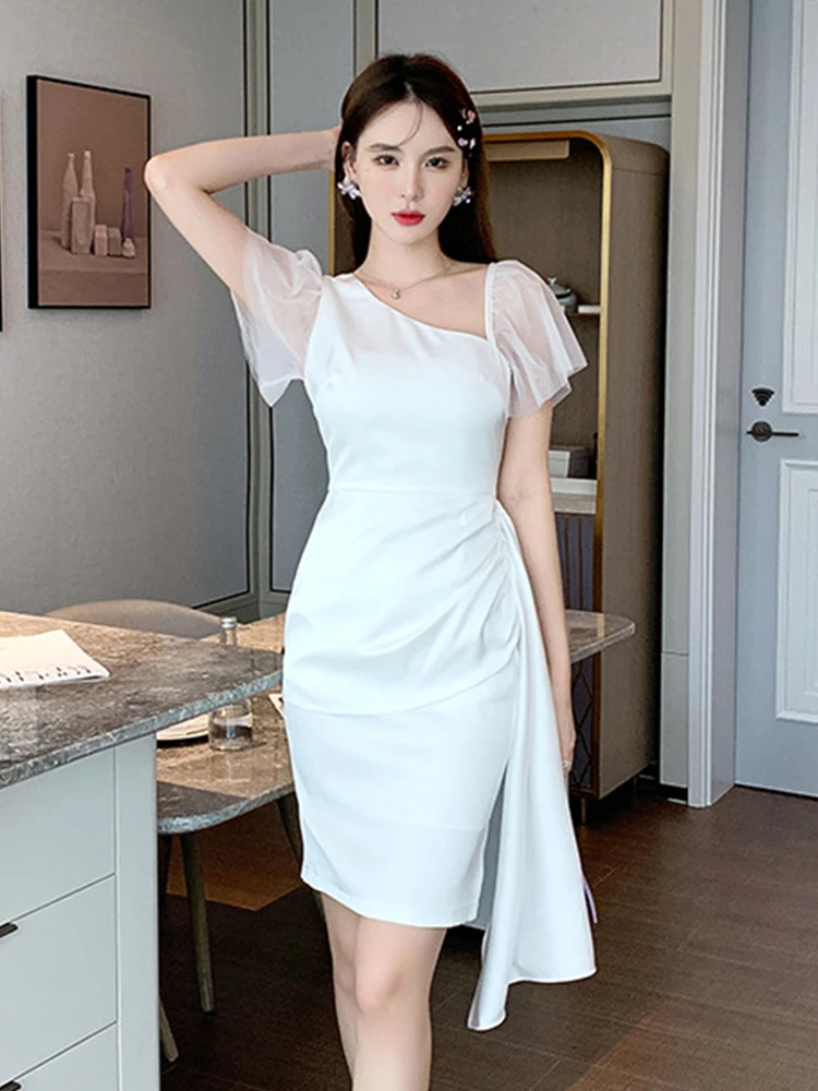 

Summer Woman Dress Fashion Sexy Black White Satin Mesh Ruffle Sleeve Ribbon Slit Zipper Bodycon Slim Mini Holiday Party Vestido