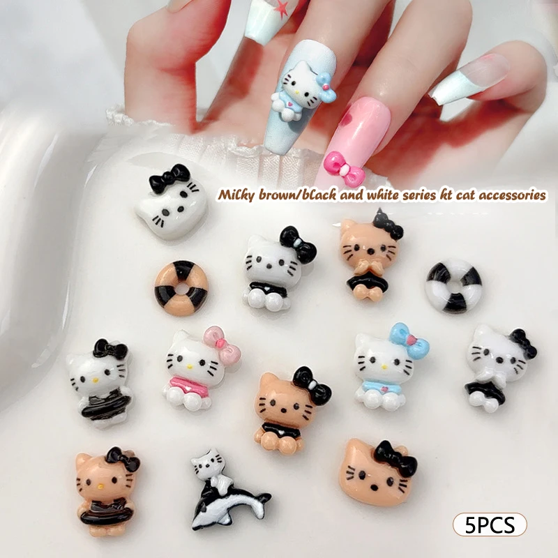 

5Pcs Sanrio Hawaiian Holiday Black Skin Hello Kitty Nail Art Accessories Cartoon Resin Nails Stickers DIY Jewelry Decoration ﻿