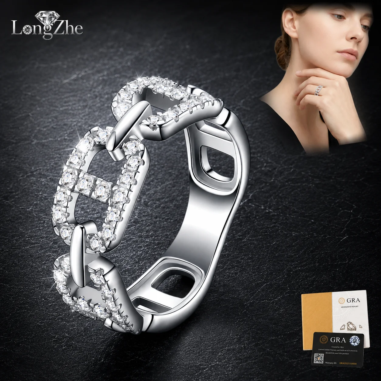 LongZhe S925 Silver Moissanite Ring 48 Stones GRA Certified Diamond Tester Passed Fine Jewelry Gift For Women