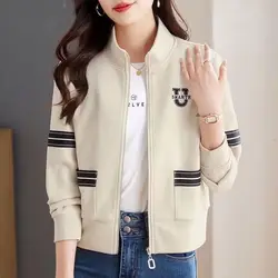 Fashion Spring Autumn Women Stand Collar Pocket Zipper Contrast Color Embroidery Casual Long Sleeve Cardigan Sweatshirts Tops