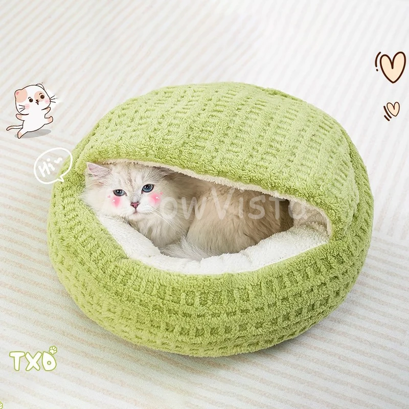 Shell Semi-Enclosed Cat Bed Kennel Soft Thick Fluffy Plush Round Pet Nest Winter Warm Cozy Sleeping House for Cats Puppies