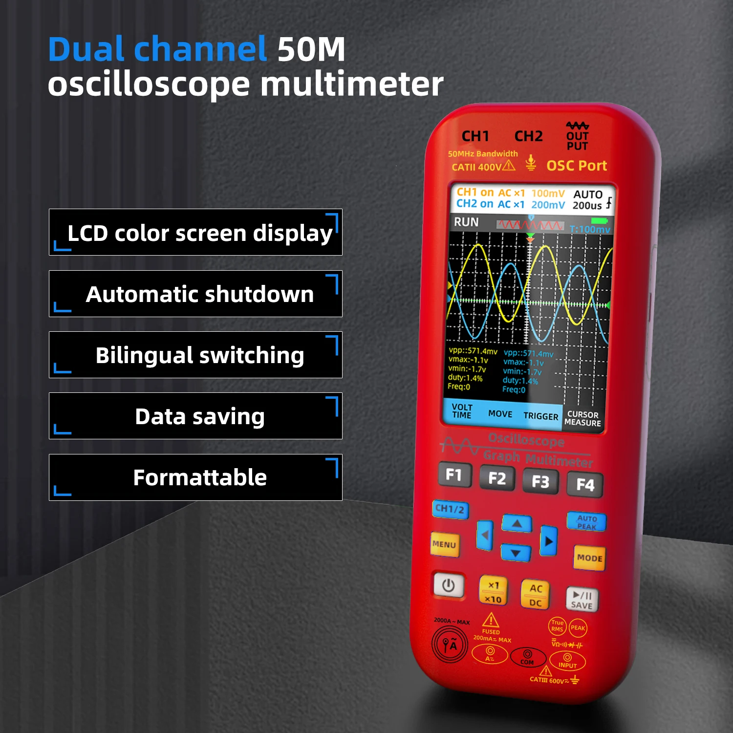 BSIDE. NEW Handheld Oscilloscope 50MHZ*2 280MS/s Graphic Meter Digital Multimeter+Functional Signal Generator 4-in-1Dual Channel