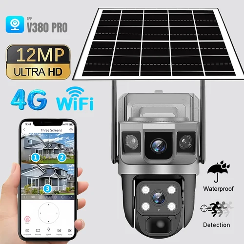 Cámara Solar V380Pro para exteriores, cámara IP 4G/WiFi de 12MP, visión nocturna HD, seguimiento PTZ, detección de movimiento PIR, seguridad para el hogar, CCTV inteligente