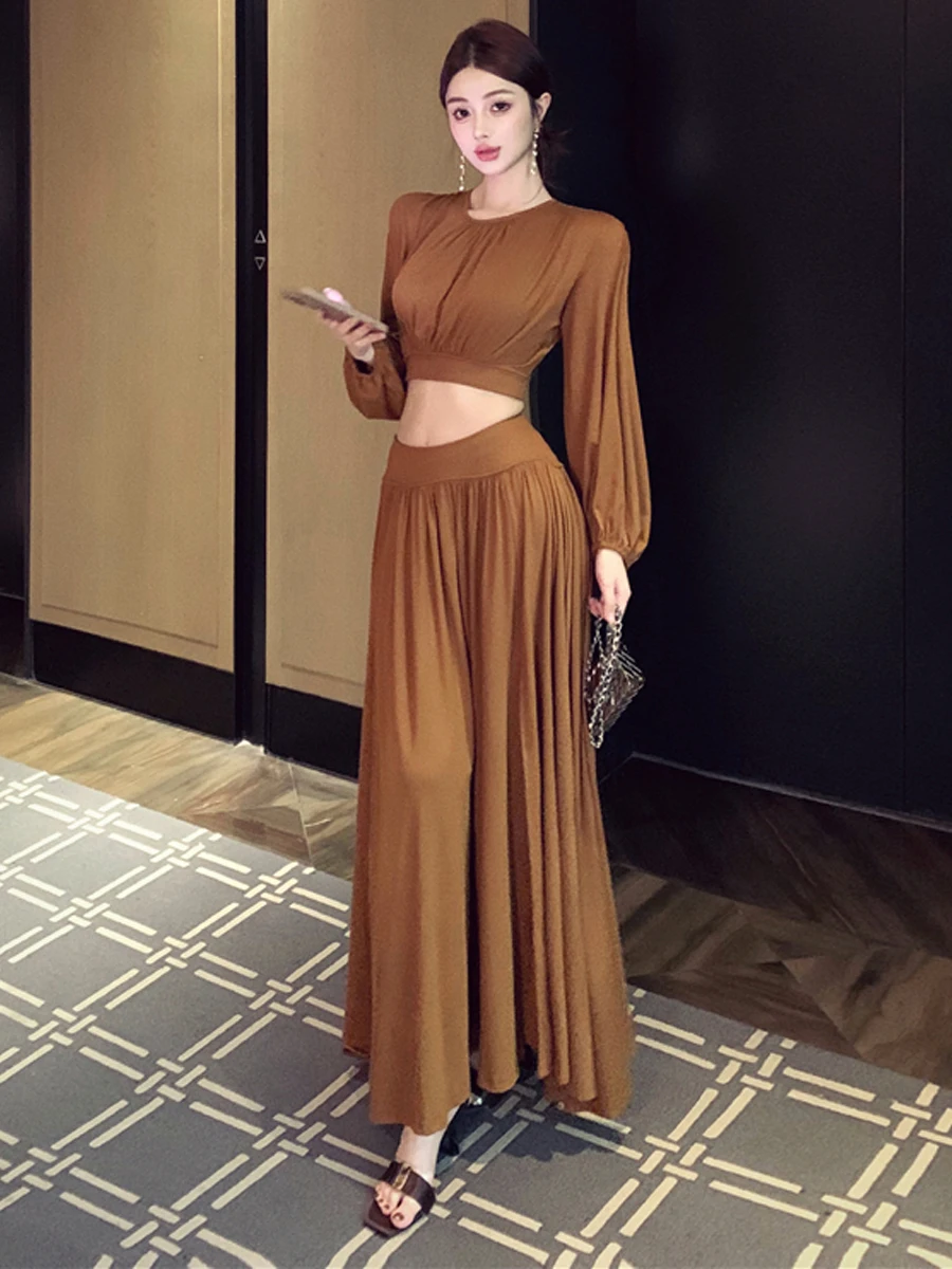 Slimming High Waist Slit Midi Skirt Set round Neck Batwing Sleeve Top And Skirt Fashionable And Stylish Chinese Brand Women's...