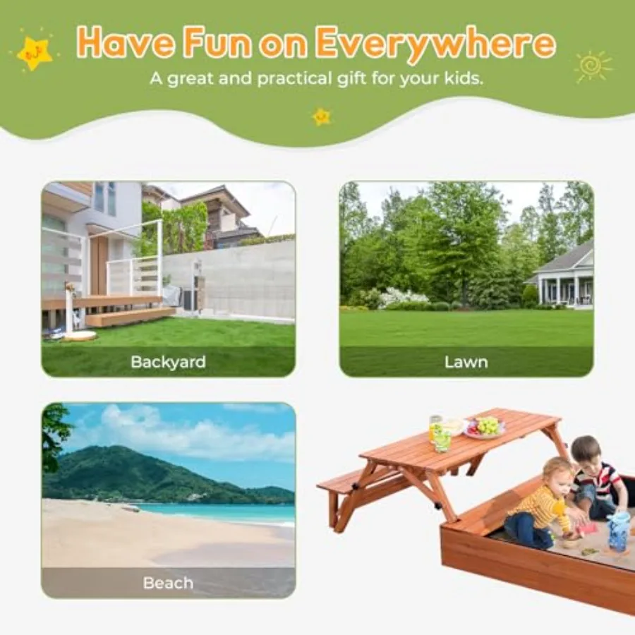 Sabbiera da esterno in legno Grande scatola di sabbia con coperchio Sabbiera con coperchio Regalo per 28 anni Tavolo da picnic pieghevole e rivestimento inferiore del sedile