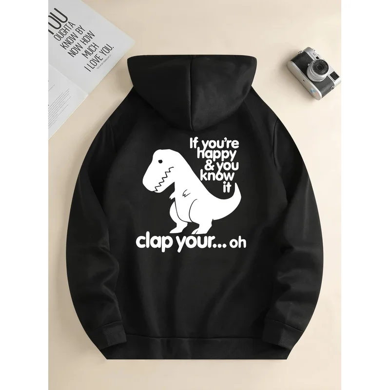 Men's new fashion hoodie, casual daily drawstring hooded sweatshirt, dinosaur print, front kangaroo pocket, men's jacket