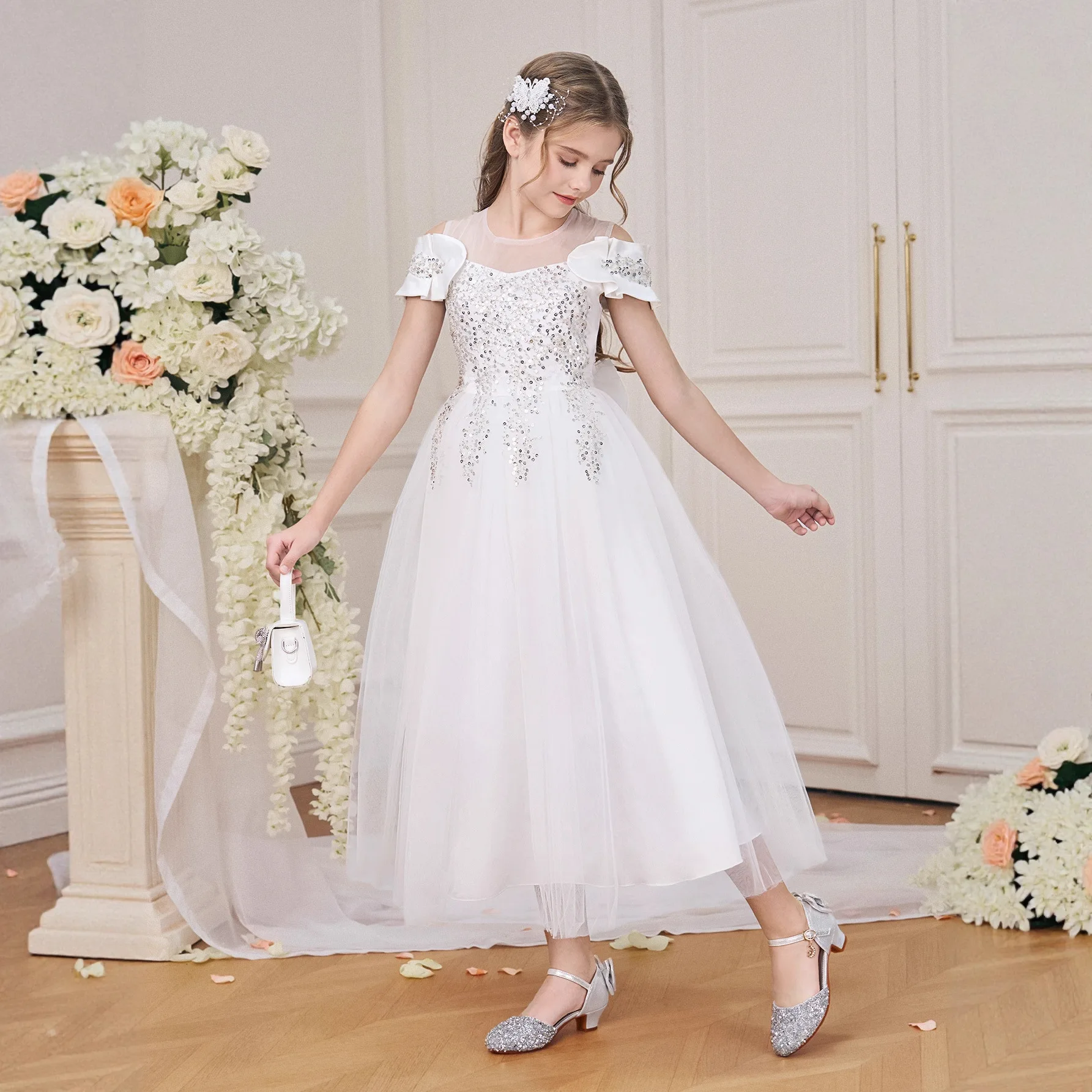 Off-shoulder Elegant Wedding Dress GIrl Princess Dress Baptismal White Dress For Girls Birthday Dress First Communion Costume