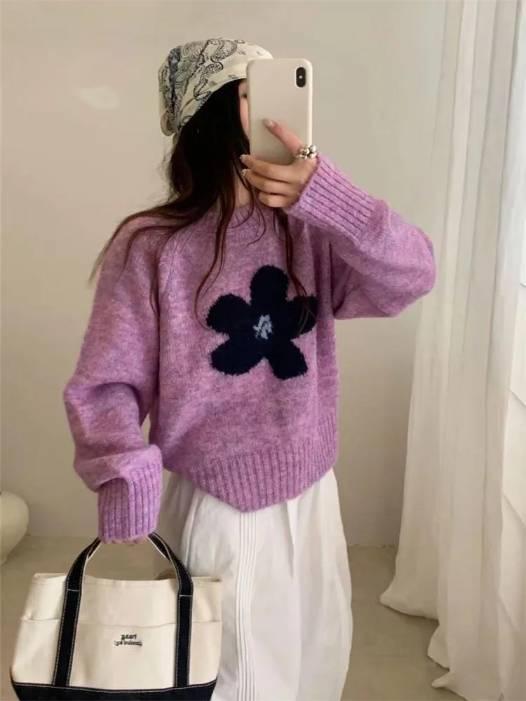

Зимний кашемировый вязаный топ, женский свободный пуловер с круглым вырезом и длинными рукавами, модный теплый свитер в корейском стиле с цветочным принтом