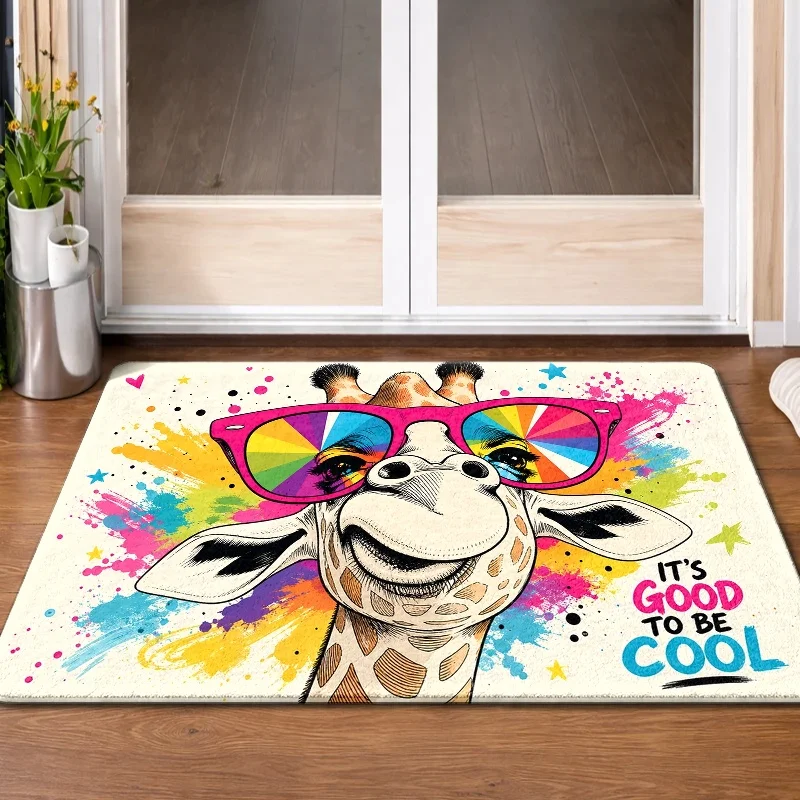 1pc, 2pcs, 3pcs Trendy Rainbow Giraffe Pattern Doormats, Bath, Durable Machine-Washable, Universal for Living Room, Bedroom, O