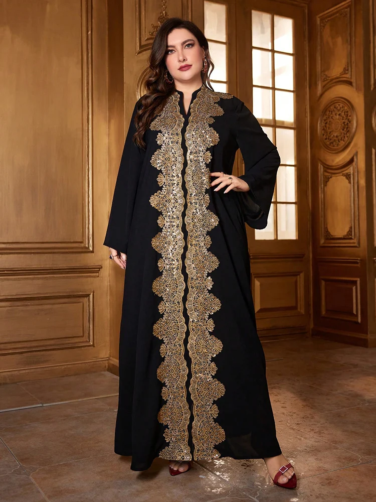 TOLEEN Plus Size Women's Floral Patched Long Sleeve Modest Dress 2024 New Luxury Elegant Embroidered Loose Arabian Maxi Dresses