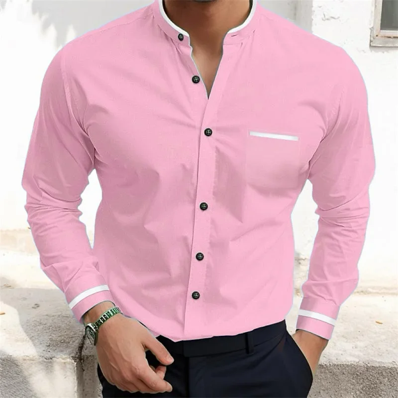 2024 new men's shirt long sleeved casual business solid color lapel pocket daily comfortable top