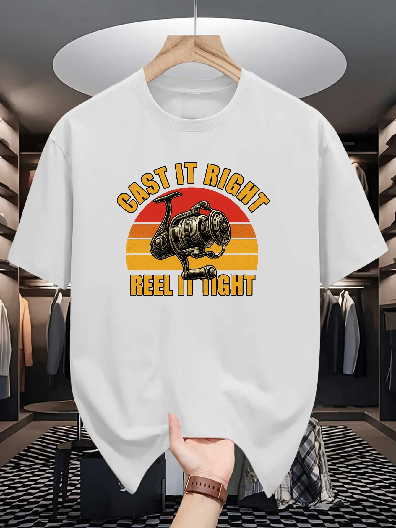 Mens Vintage Fishing Reel Graphic Tshirt Cast  Right Slogan Crew Tees Retro Sunset Tops For Angler Fisherman Casual Outdoor Gift