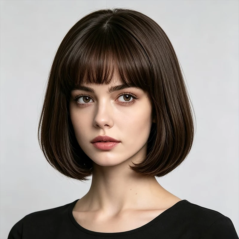A dark brown 12-inch synthetic bob wig with fringe, designed specifically for women’s everyday styling